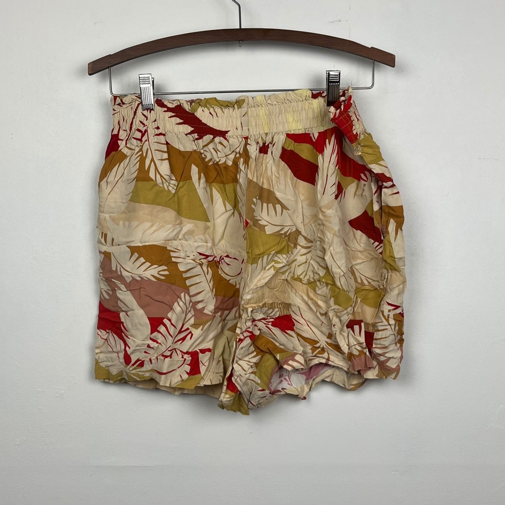 DR2 Tropical Palm Leaf Paperbag Waist Shorts L Tan Red Boho Festival